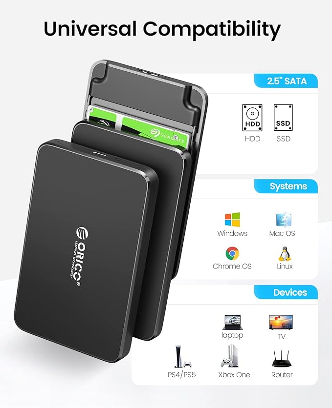 2.5 pouces SSD/HDD Enclourse: ORICO est entièrement compatible avec 2.5 pouces SATA HDD/SSD,