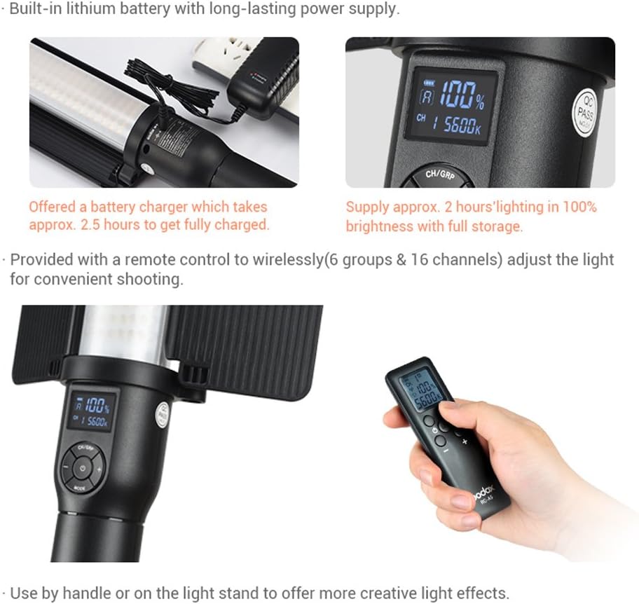 Godox LC500 Handheld Lampe vidéo à LED portable, LED à intensité variable LC500, Professional Photo LED Stick 3300K-5600K avec batterie intégrée et contrôle à distance