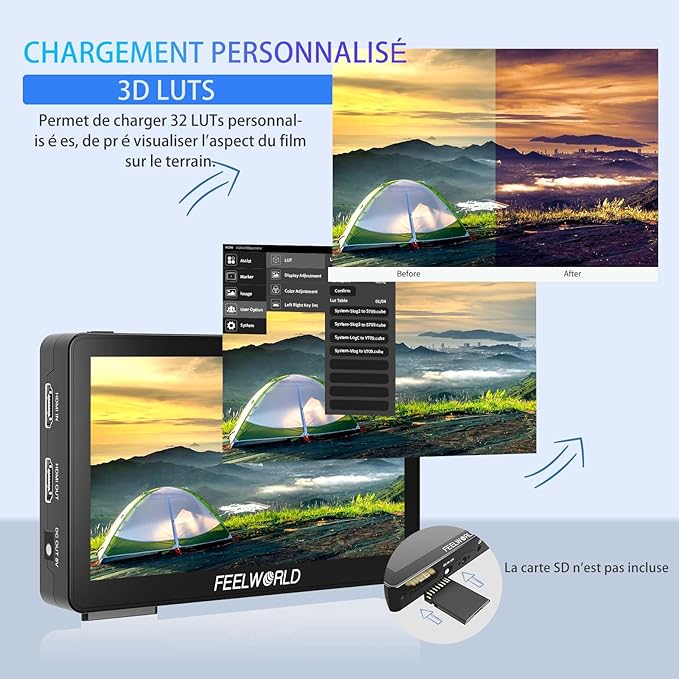 Moniteur feelword F6 est un moniteur de terrain léger et abordable pour caméras, doté d'un écran tactile IPS 5.5" Full HD (1920x1080